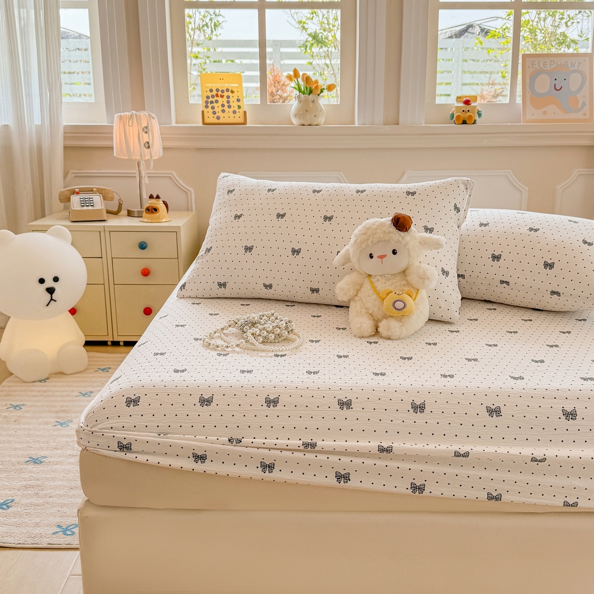 91家纺网 家纺一手货源 找家纺 汣沐生活 2025新款A类木棉双层纱印花床笠 星梦蝴蝶结