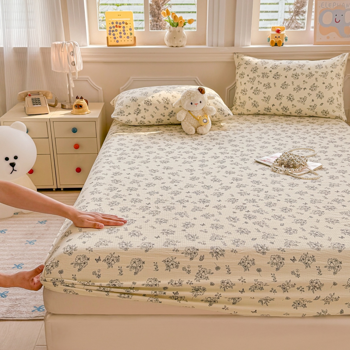 91家纺网 家纺一手货源 找家纺 汣沐生活 2025新款A类木棉双层纱印花床笠 油画花园