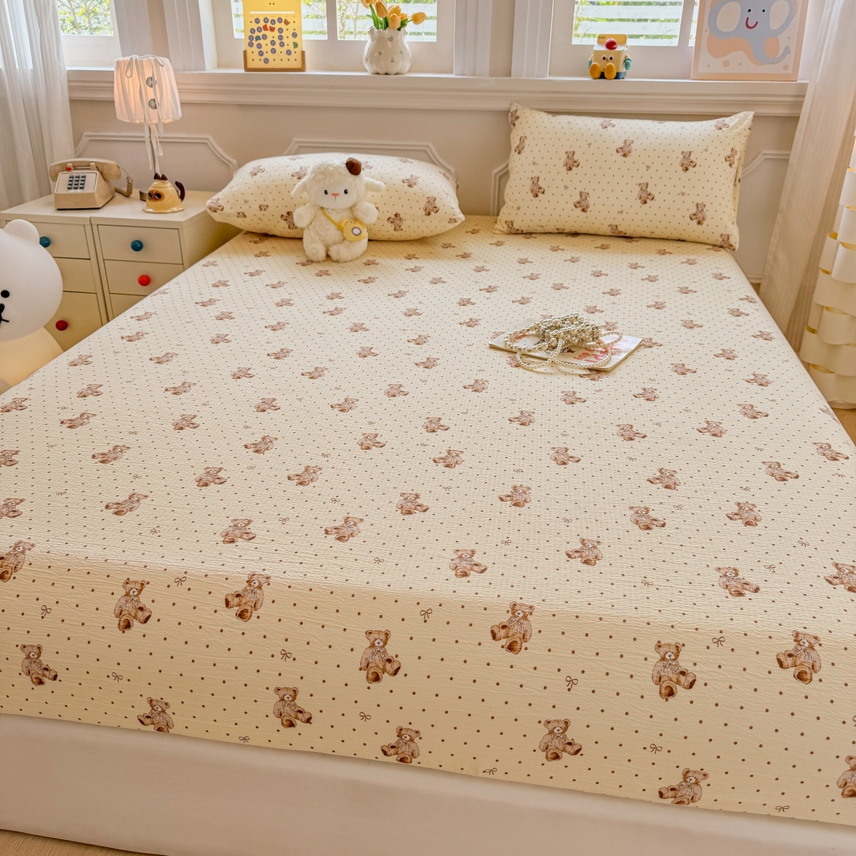 91家纺网 家纺一手货源 找家纺 汣沐生活 2025新款A类木棉双层纱印花床笠 黄油小熊