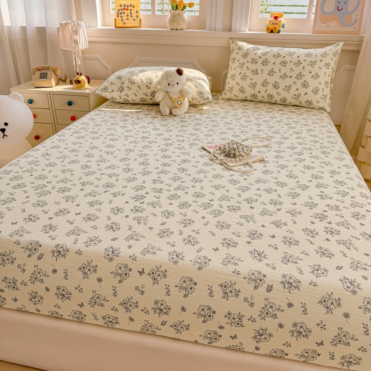 91家纺网 家纺一手货源 找家纺 汣沐生活 2025新款A类木棉双层纱印花床笠 油画花园