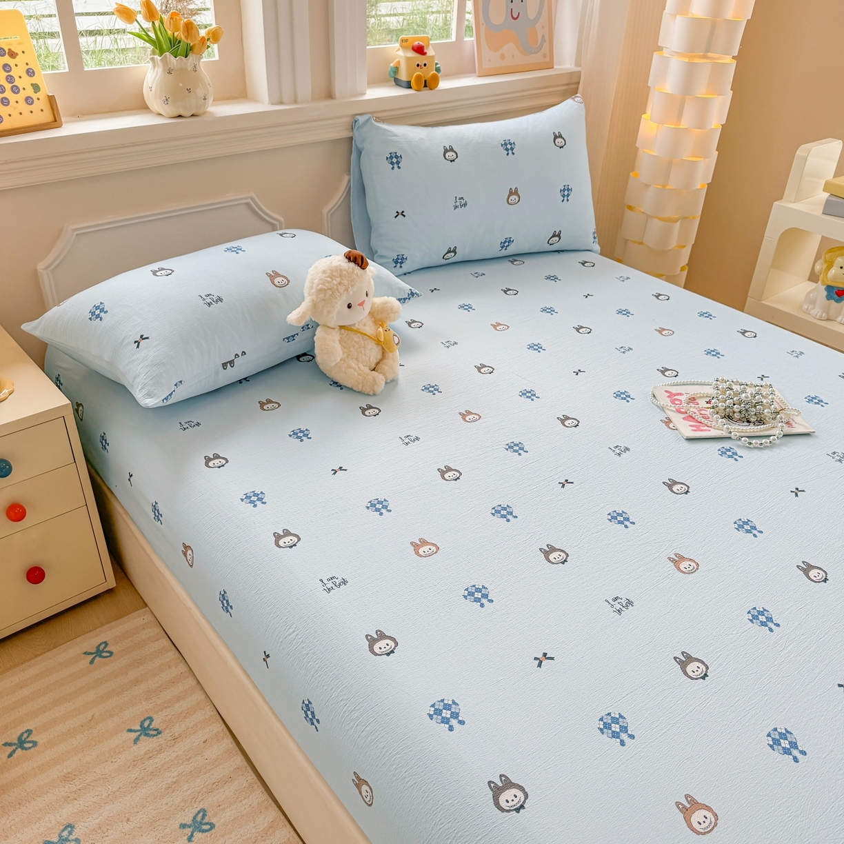 91家纺网 家纺一手货源 找家纺 汣沐生活 2025新款A类木棉双层纱印花床笠 萌趣动物园