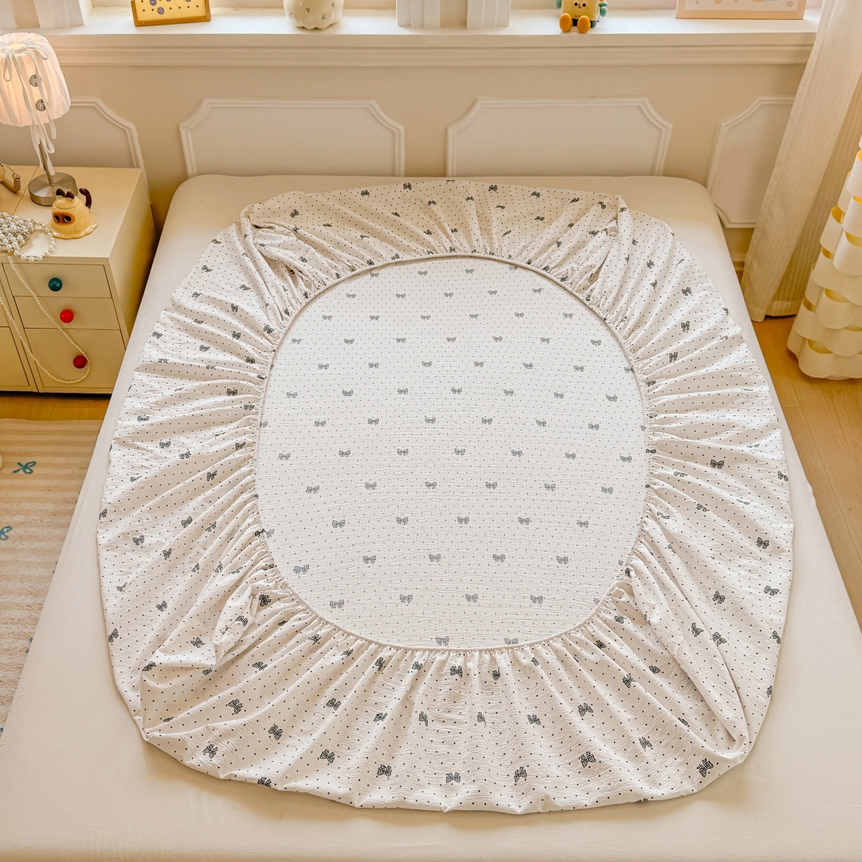 91家纺网 家纺一手货源 找家纺 汣沐生活 2025新款A类木棉双层纱印花床笠 星梦蝴蝶结