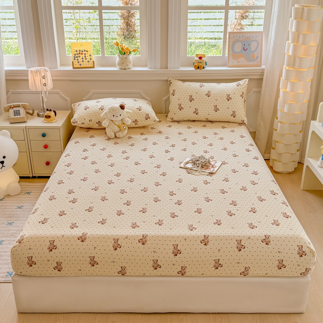 91家纺网 家纺一手货源 找家纺 汣沐生活 2025新款A类木棉双层纱印花床笠 黄油小熊