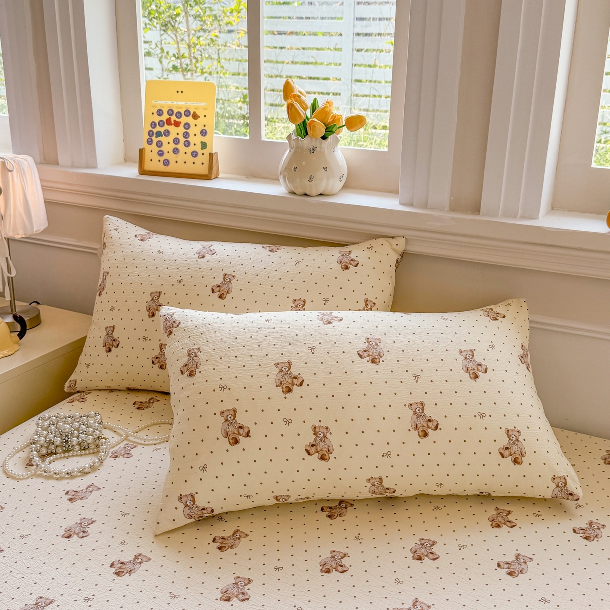 91家纺网 家纺一手货源 找家纺 汣沐生活 2025新款A类木棉双层纱印花床笠 黄油小熊