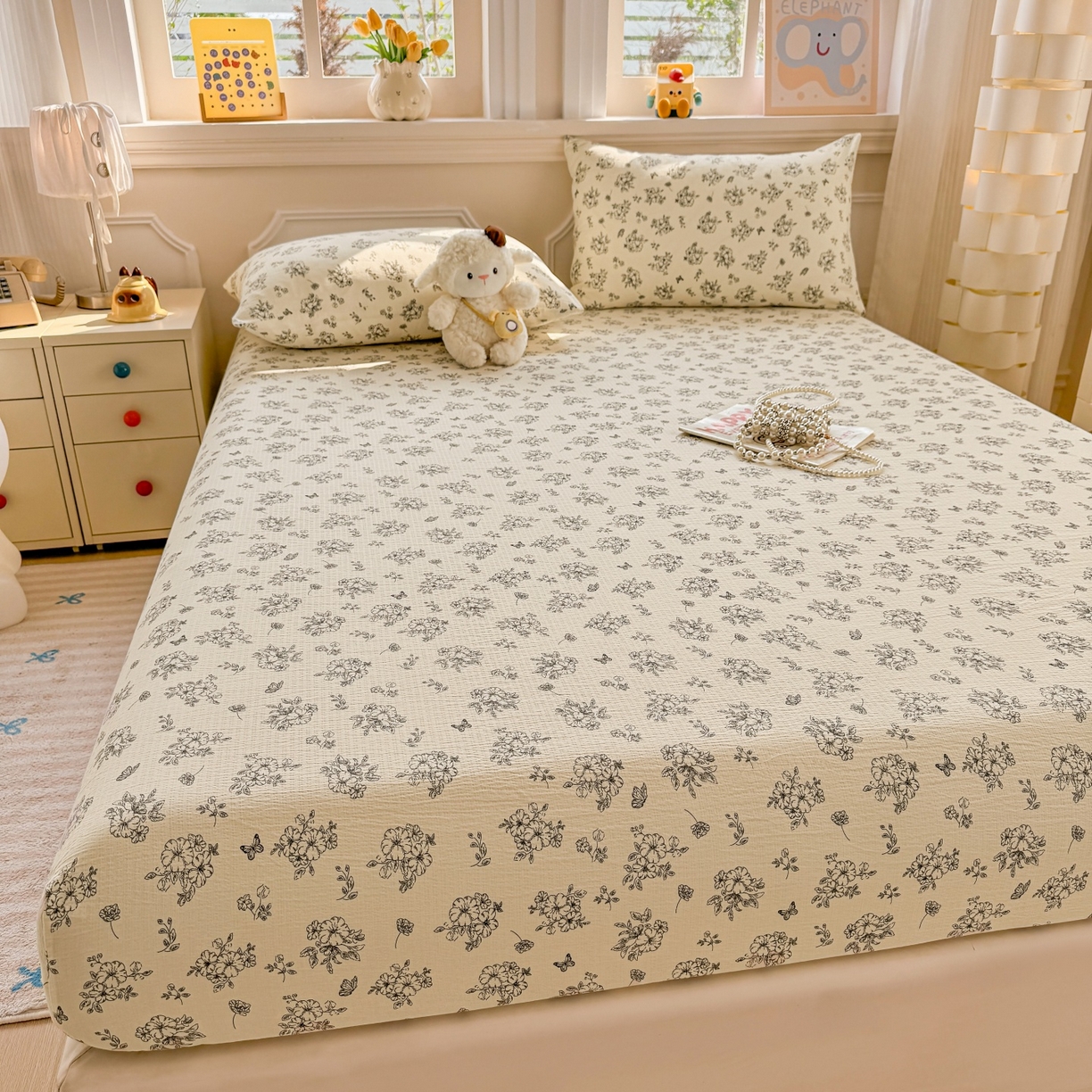 91家纺网 家纺一手货源 找家纺 汣沐生活 2025新款A类木棉双层纱印花床笠 油画花园