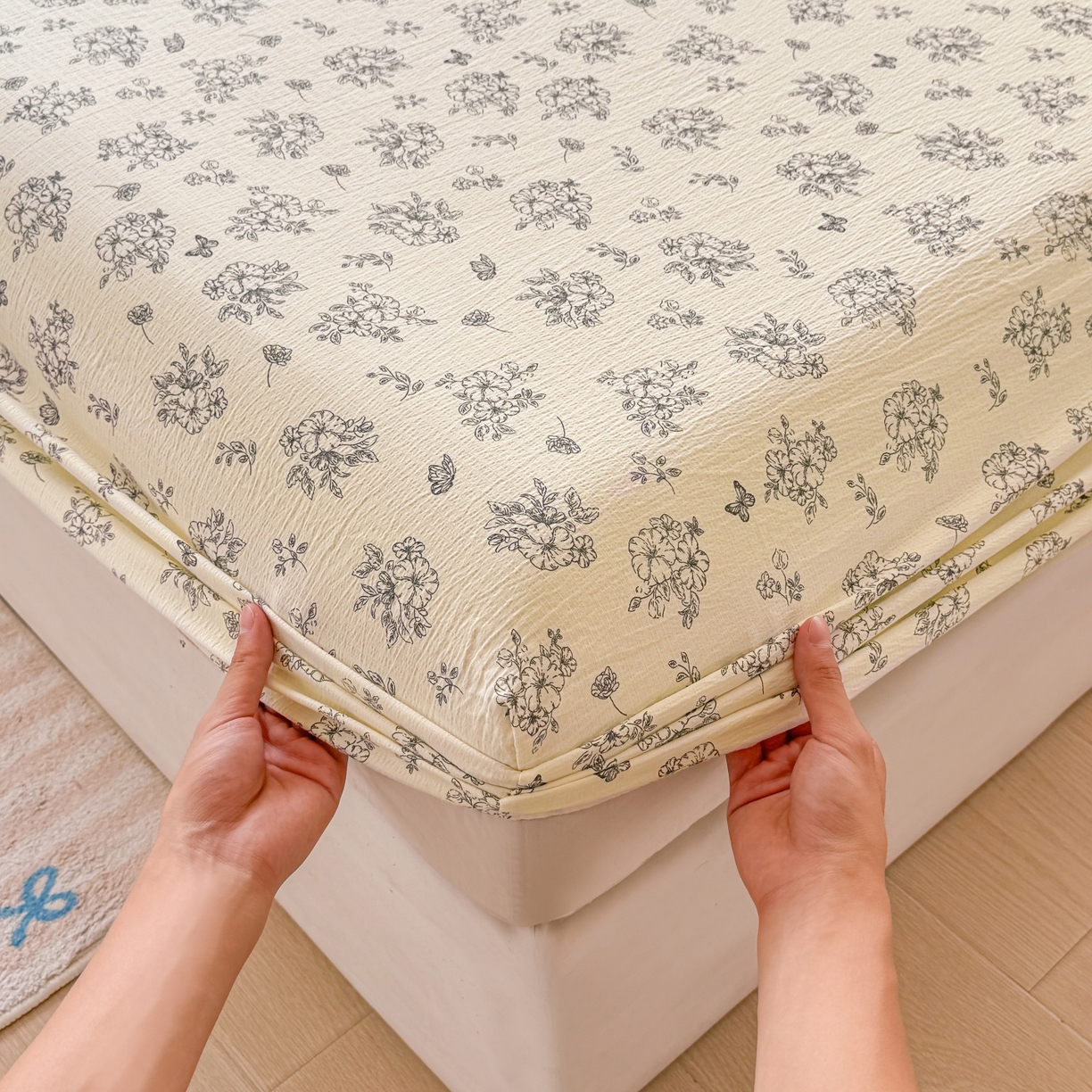 91家纺网 家纺一手货源 找家纺 汣沐生活 2025新款A类木棉双层纱印花床笠 油画花园