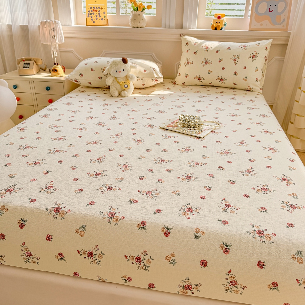 91家纺网 家纺一手货源 找家纺 汣沐生活 2025新款A类木棉双层纱印花床笠 玫瑰庄园