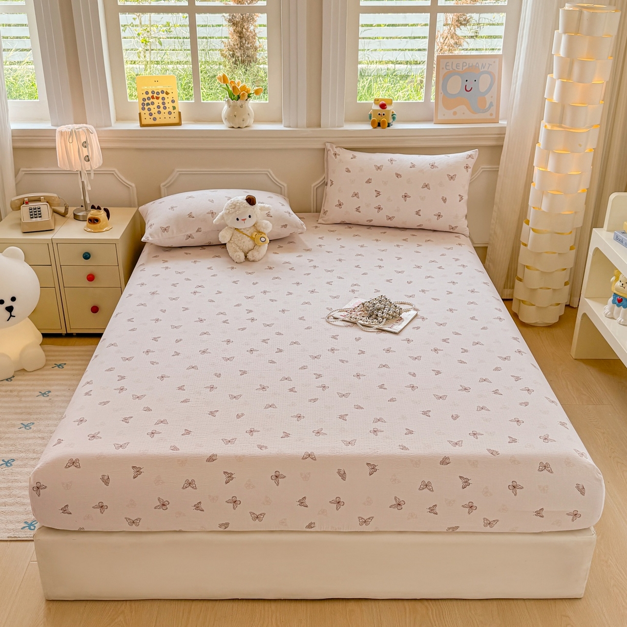 91家纺网 家纺一手货源 找家纺 汣沐生活 2025新款A类木棉双层纱印花床笠 琉璃蝶舞