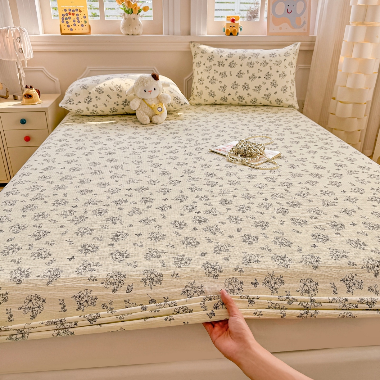 汣沐生活 2025新款A类木棉双层纱印花床笠 油画花园