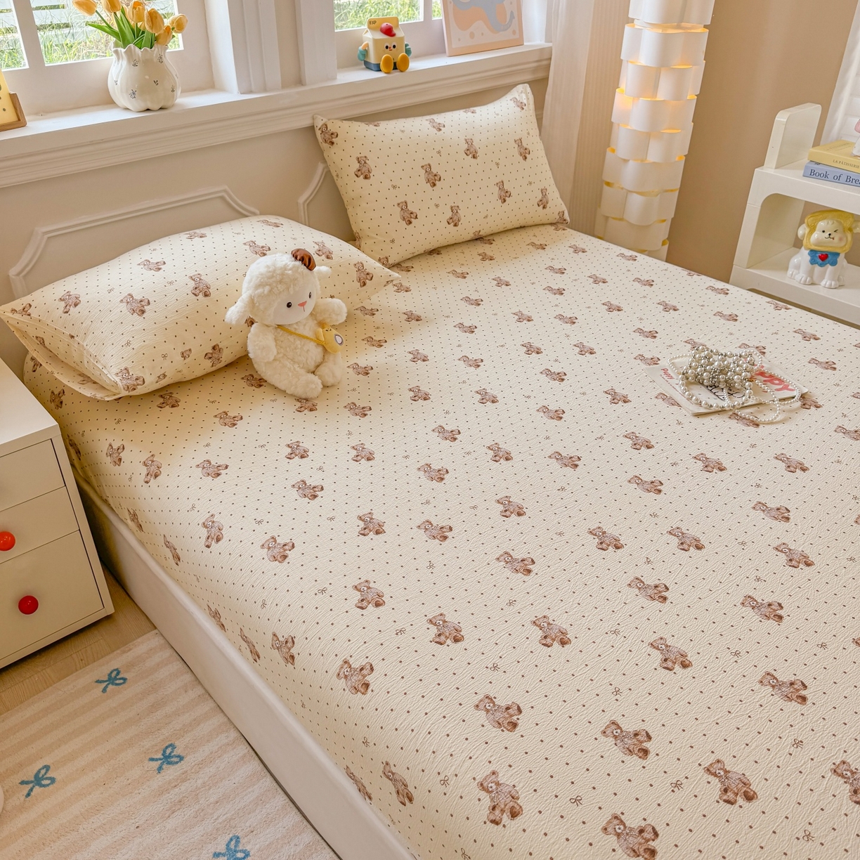 91家纺网 家纺一手货源 找家纺 汣沐生活 2025新款A类木棉双层纱印花床笠 黄油小熊