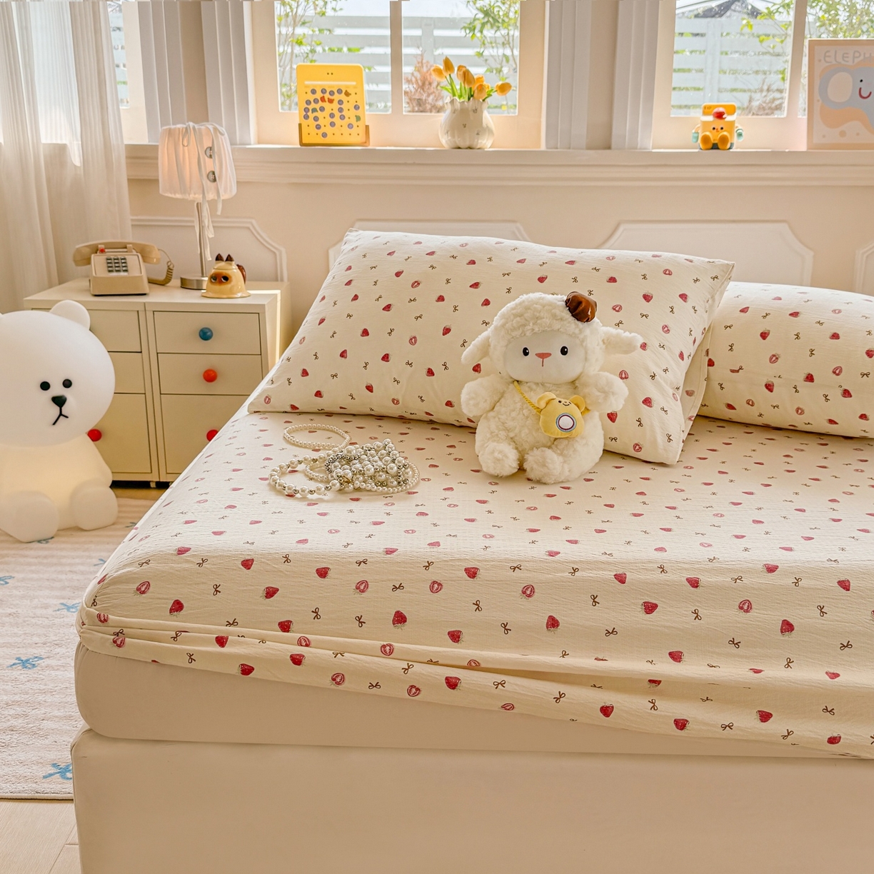 91家纺网 家纺一手货源 找家纺 汣沐生活 2025新款A类木棉双层纱印花床笠 草莓甜心派