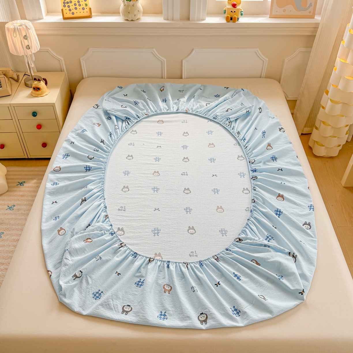 91家纺网 家纺一手货源 找家纺 汣沐生活 2025新款A类木棉双层纱印花床笠 萌趣动物园