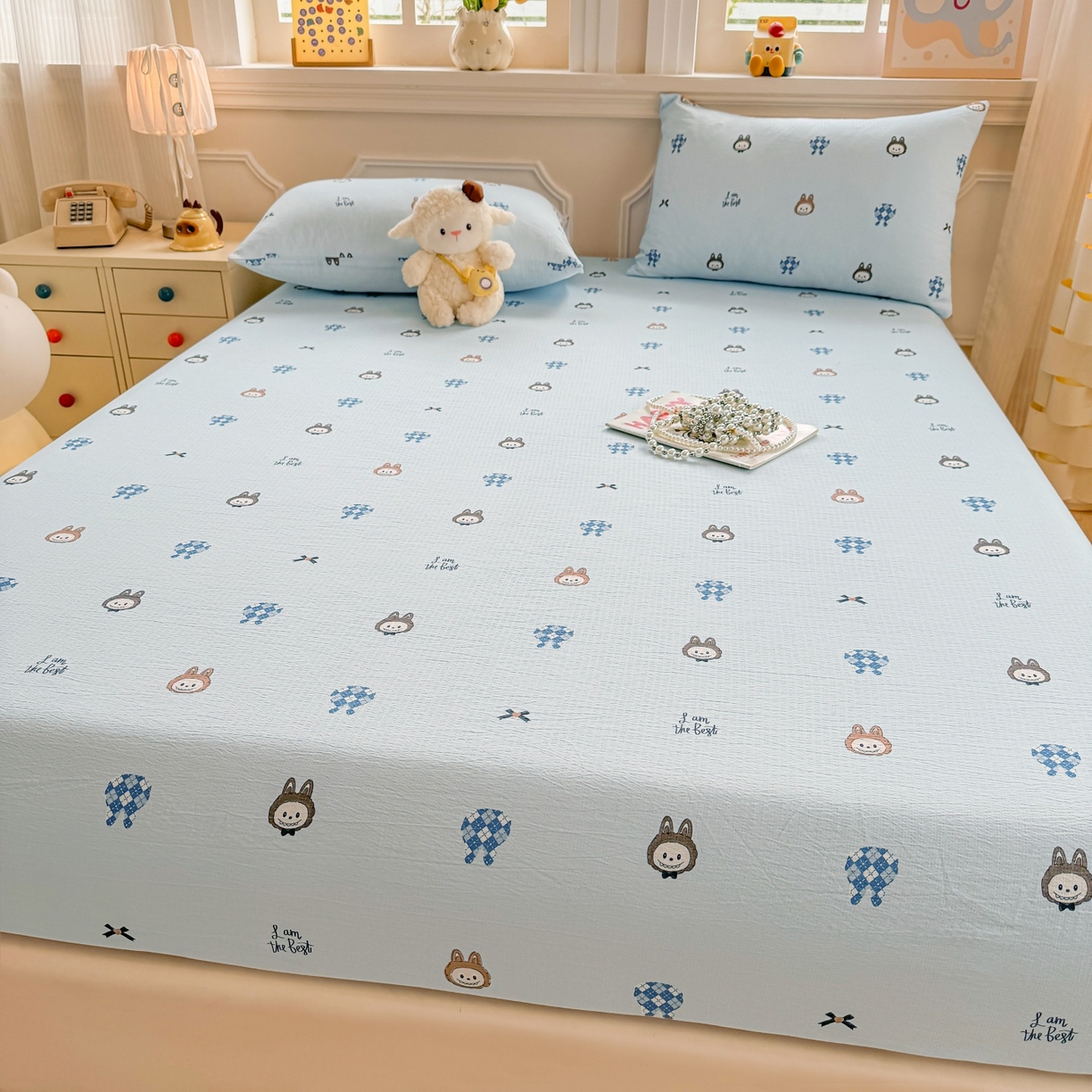 91家纺网 家纺一手货源 找家纺 汣沐生活 2025新款A类木棉双层纱印花床笠 萌趣动物园