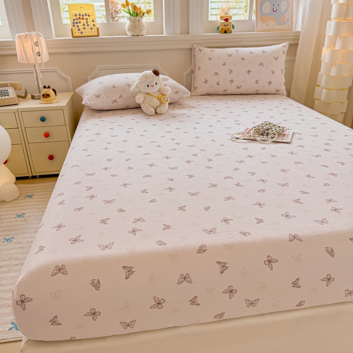 91家纺网 家纺一手货源 找家纺 汣沐生活 2025新款A类木棉双层纱印花床笠 琉璃蝶舞