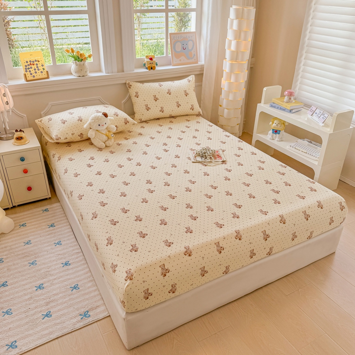 91家纺网 家纺一手货源 找家纺 汣沐生活 2025新款A类木棉双层纱印花床笠 黄油小熊