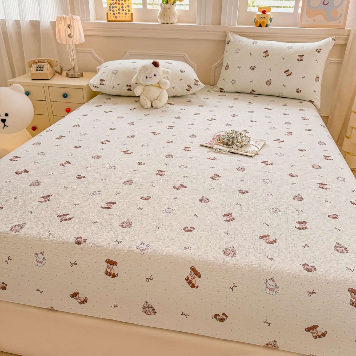 91家纺网 家纺一手货源 找家纺 汣沐生活 2025新款A类木棉双层纱印花床笠 香榭萌犬