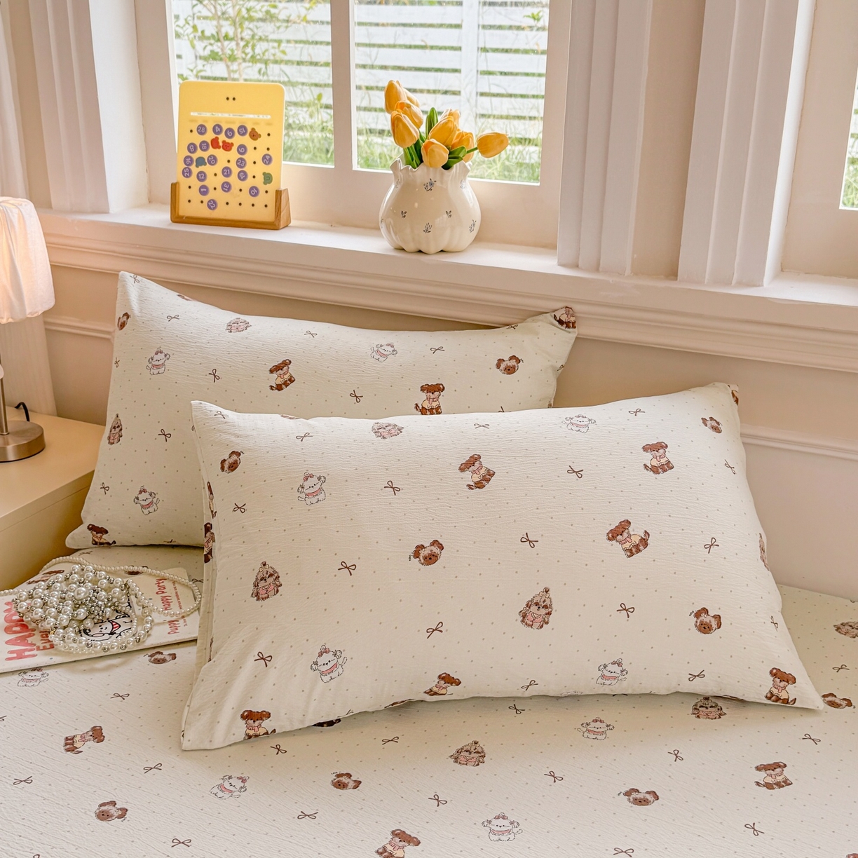 91家纺网 家纺一手货源 找家纺 汣沐生活 2025新款A类木棉双层纱印花床笠 香榭萌犬