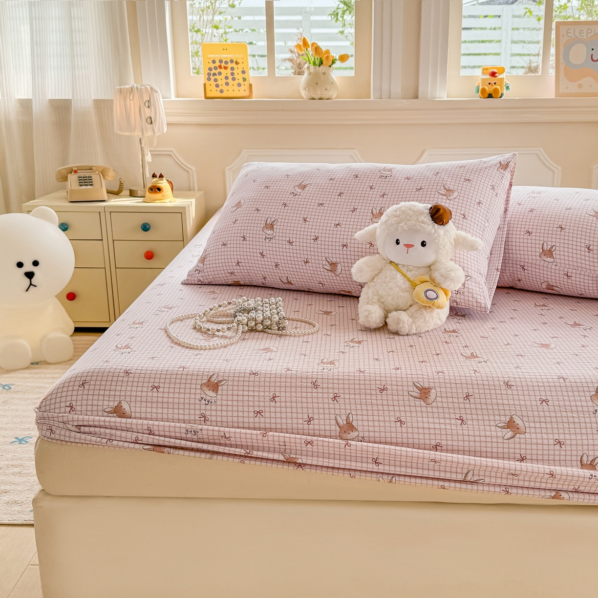 91家纺网 家纺一手货源 找家纺 汣沐生活 2025新款A类木棉双层纱印花床笠 粉边萌兔