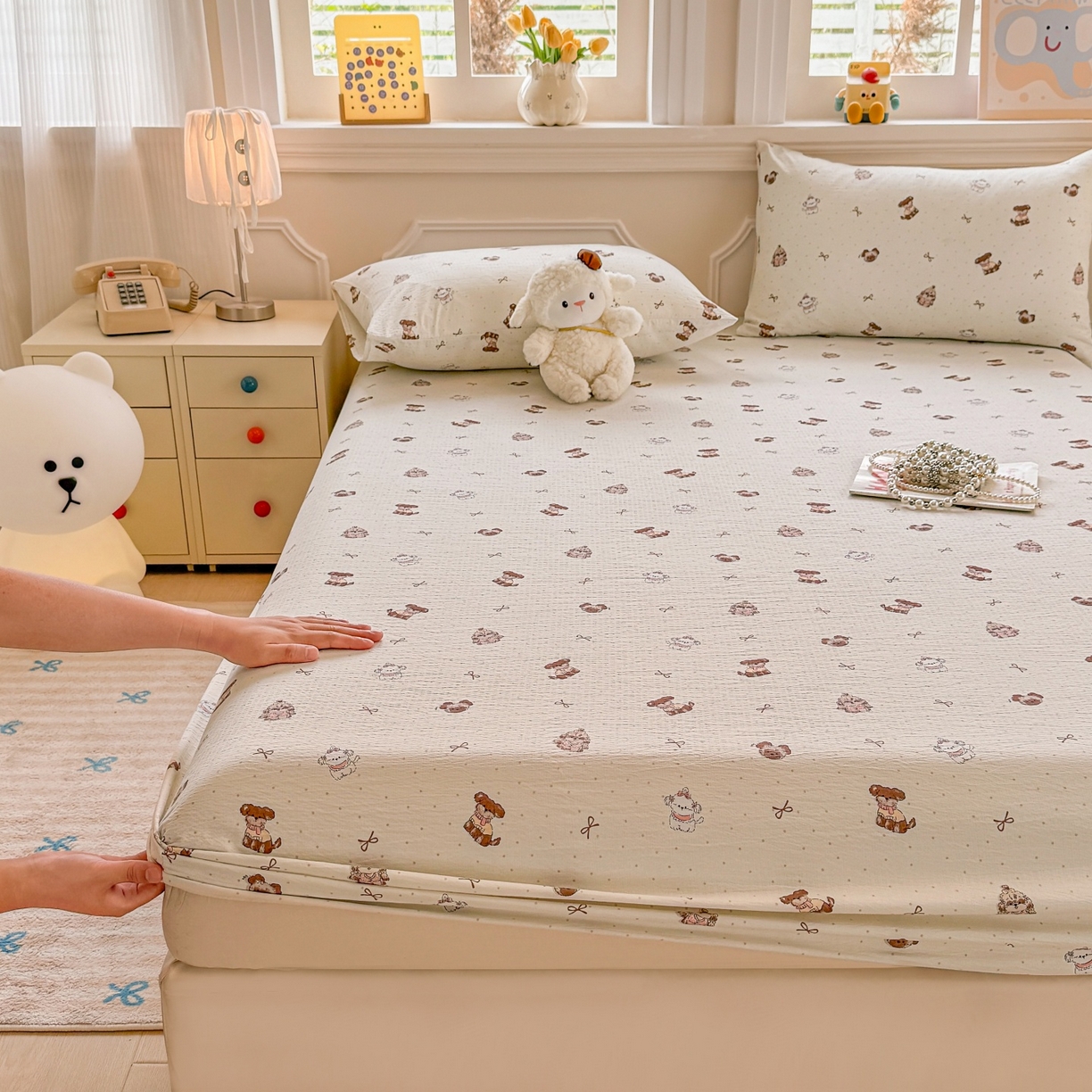 91家纺网 家纺一手货源 找家纺 汣沐生活 2025新款A类木棉双层纱印花床笠 香榭萌犬