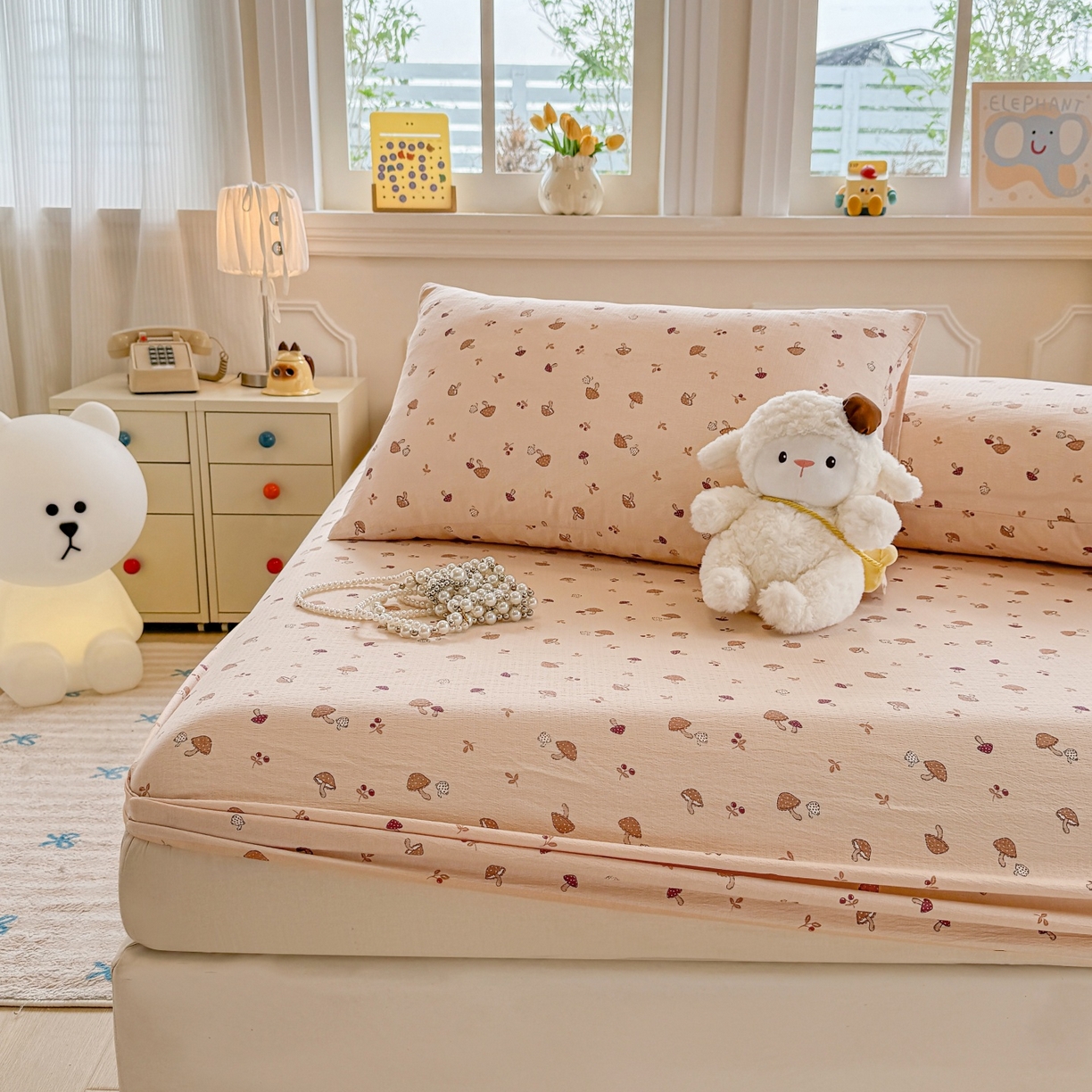 91家纺网 家纺一手货源 找家纺 汣沐生活 2025新款A类木棉双层纱印花床笠 焦糖奶蘑