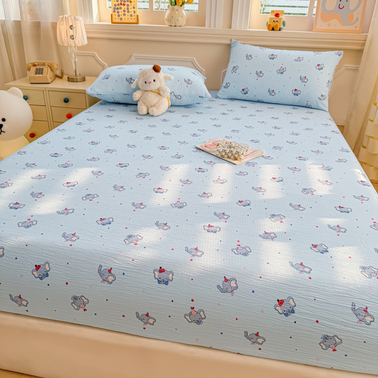 91家纺网 家纺一手货源 找家纺 汣沐生活 2025新款A类木棉双层纱印花床笠 蔚蓝梦象