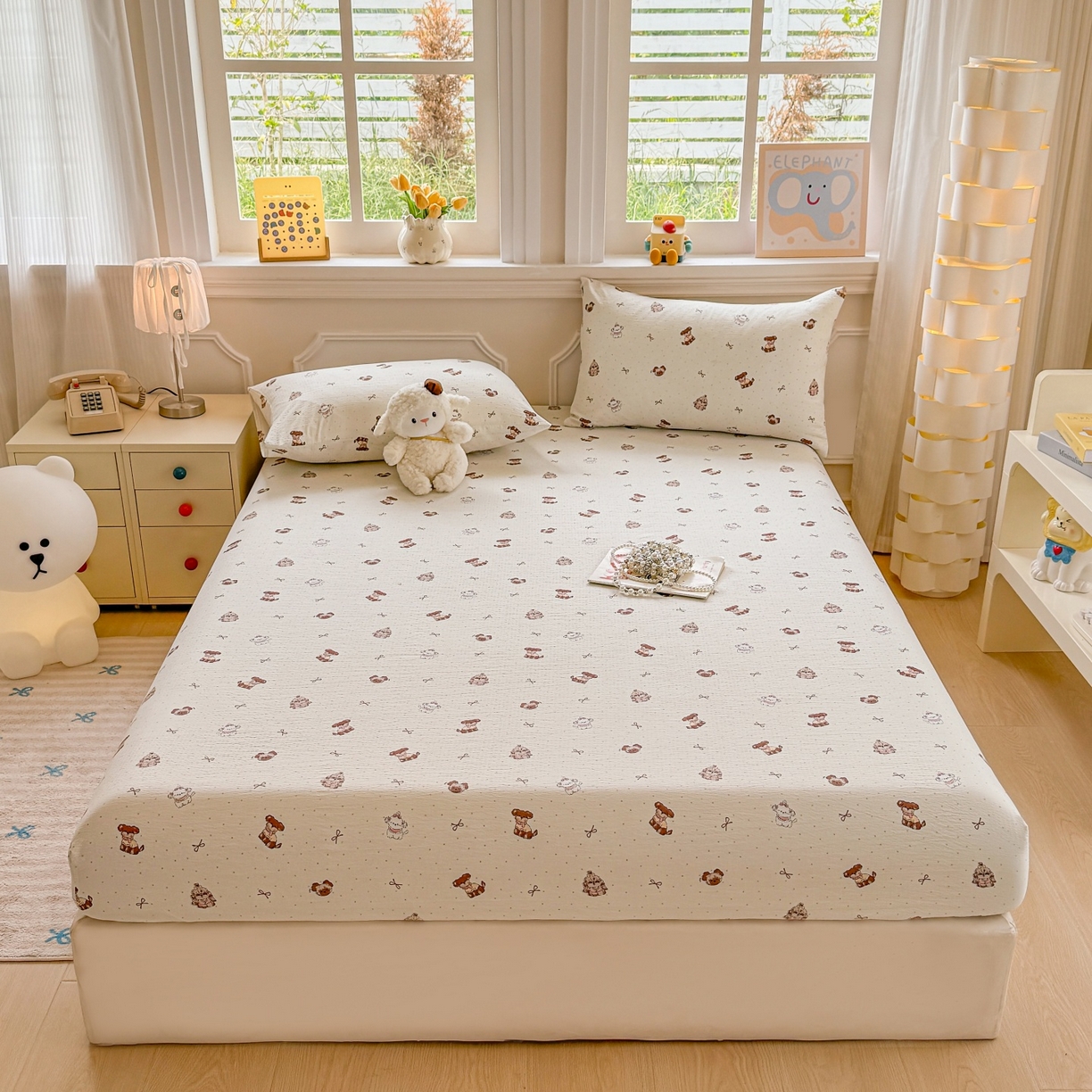 91家纺网 家纺一手货源 找家纺 汣沐生活 2025新款A类木棉双层纱印花床笠 香榭萌犬