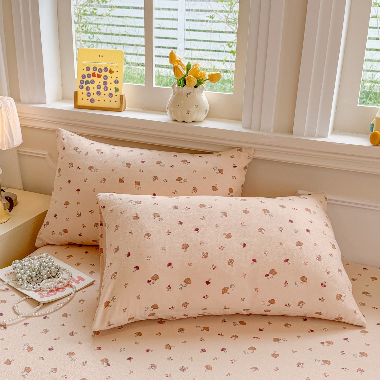 91家纺网 家纺一手货源 找家纺 汣沐生活 2025新款A类木棉双层纱印花床笠 焦糖奶蘑