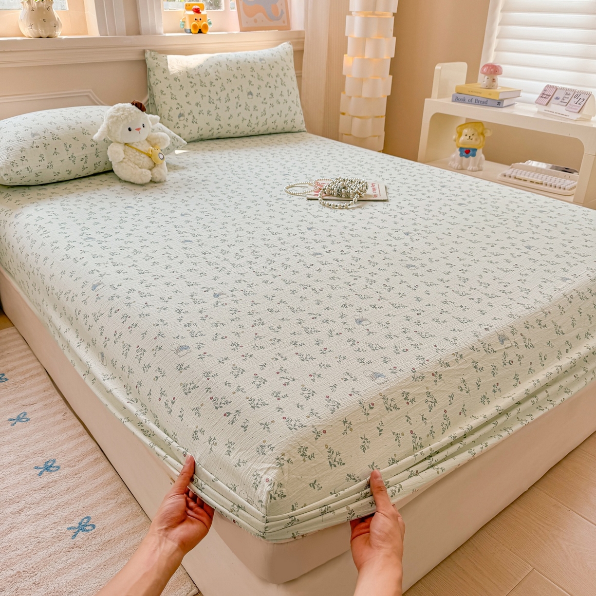 91家纺网 家纺一手货源 找家纺 汣沐生活 2025新款A类木棉双层纱印花床笠 森林萌兔