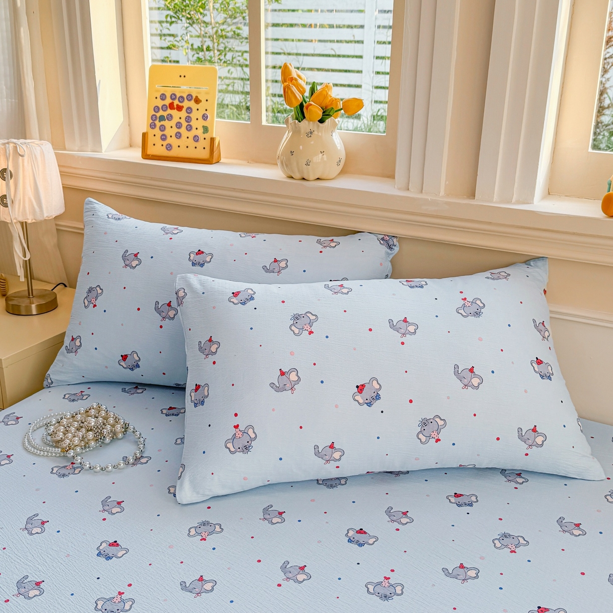 91家纺网 家纺一手货源 找家纺 汣沐生活 2025新款A类木棉双层纱印花床笠 蔚蓝梦象