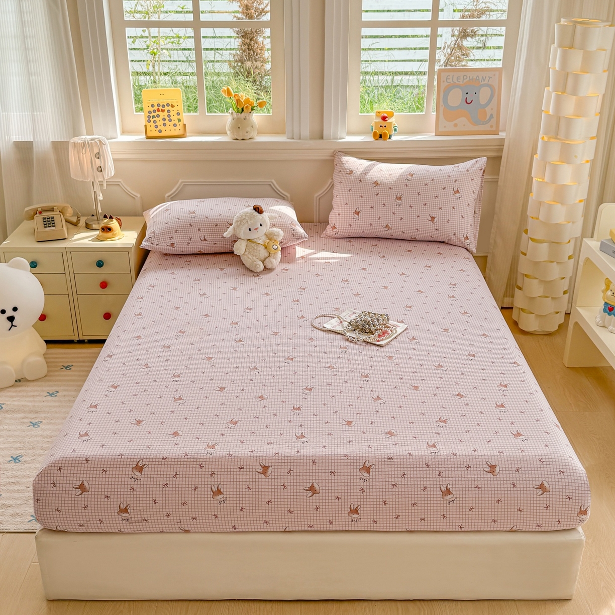 91家纺网 家纺一手货源 找家纺 汣沐生活 2025新款A类木棉双层纱印花床笠 粉边萌兔