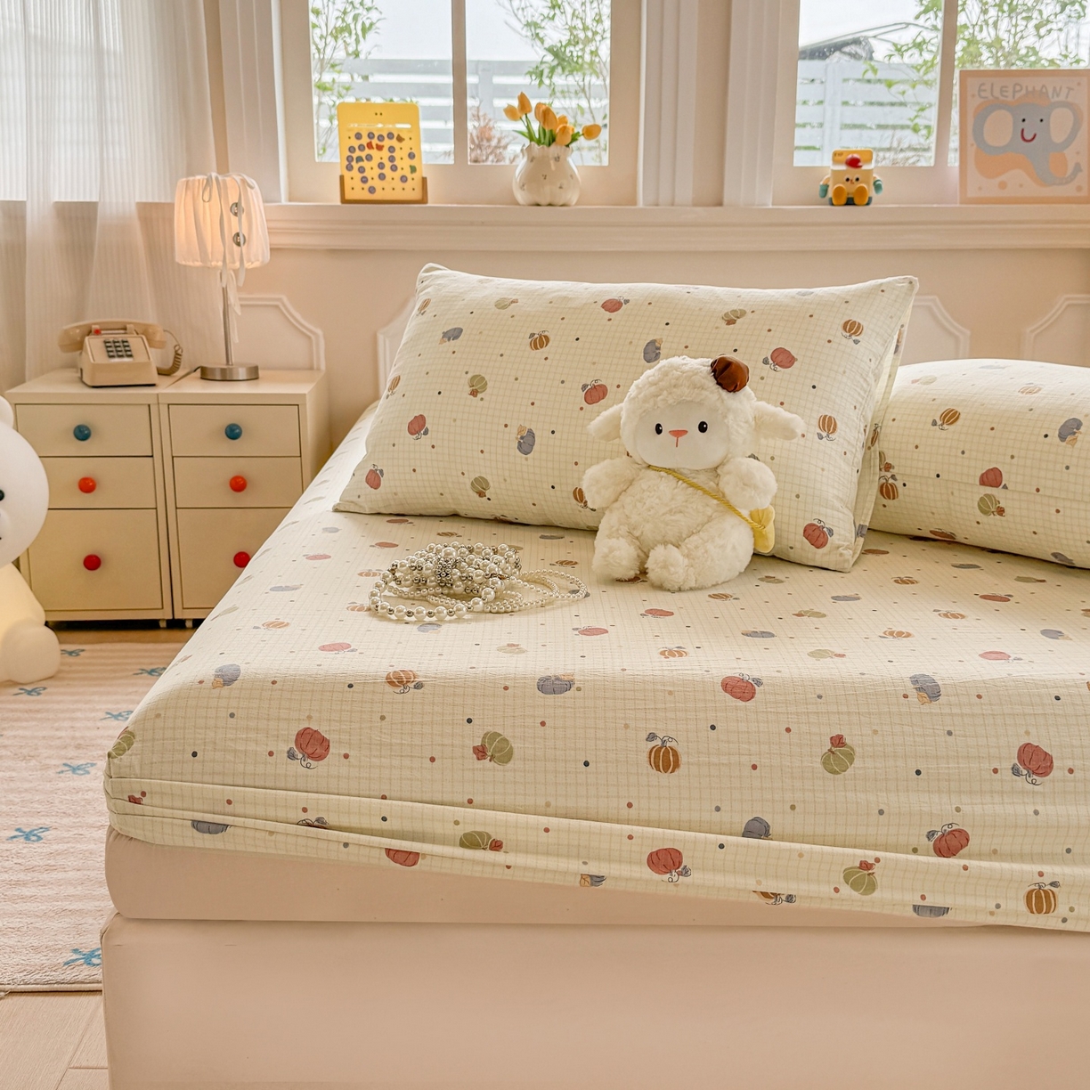 91家纺网 家纺一手货源 找家纺 汣沐生活 2025新款A类木棉双层纱印花床笠 南瓜田园记