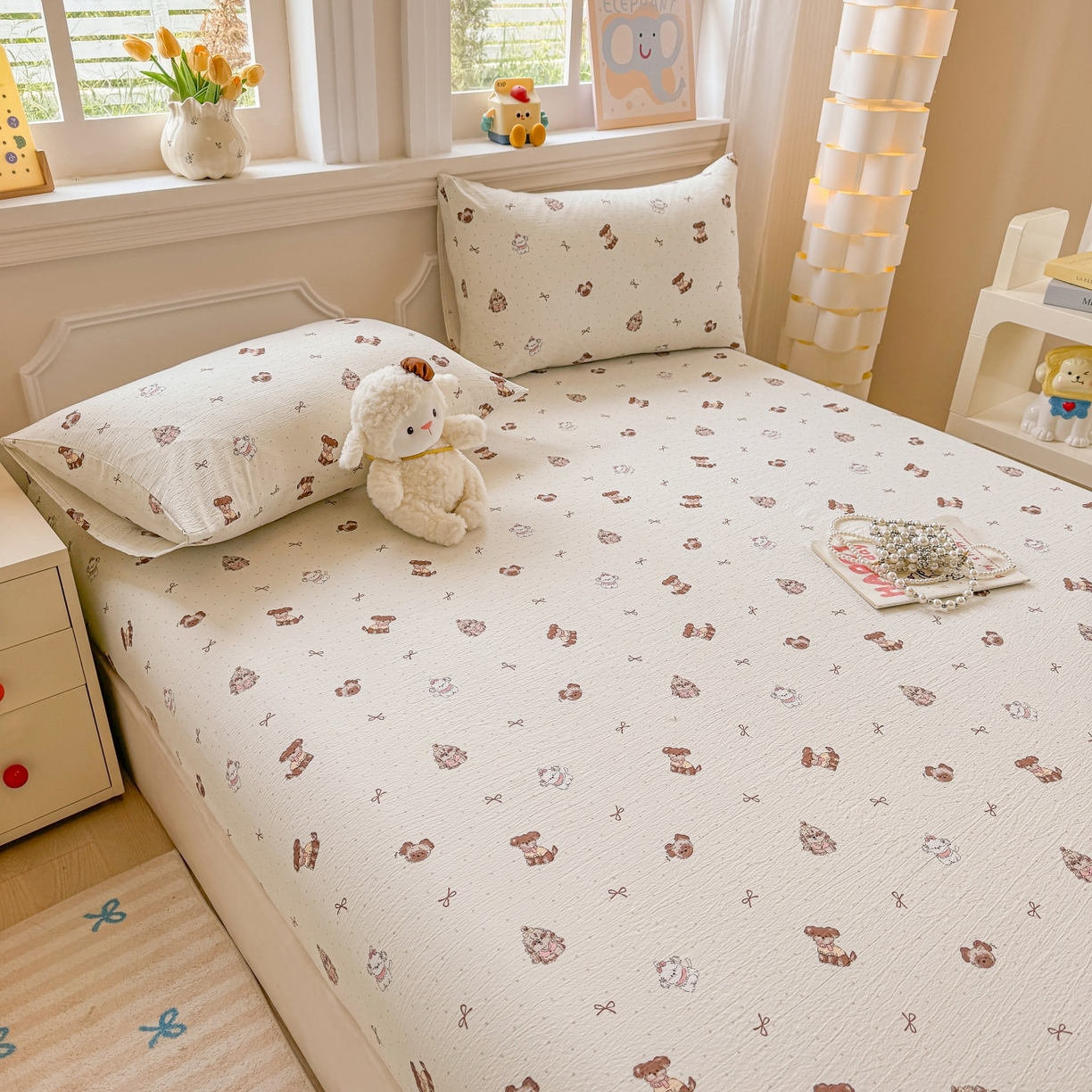 91家纺网 家纺一手货源 找家纺 汣沐生活 2025新款A类木棉双层纱印花床笠 香榭萌犬