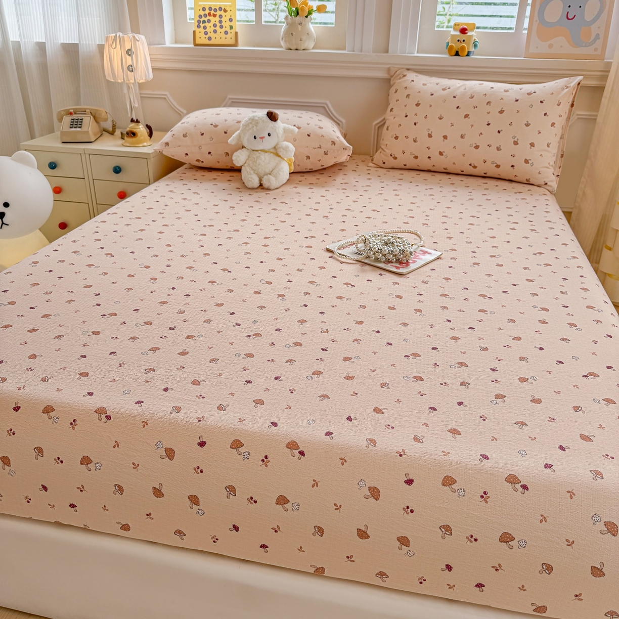 91家纺网 家纺一手货源 找家纺 汣沐生活 2025新款A类木棉双层纱印花床笠 焦糖奶蘑