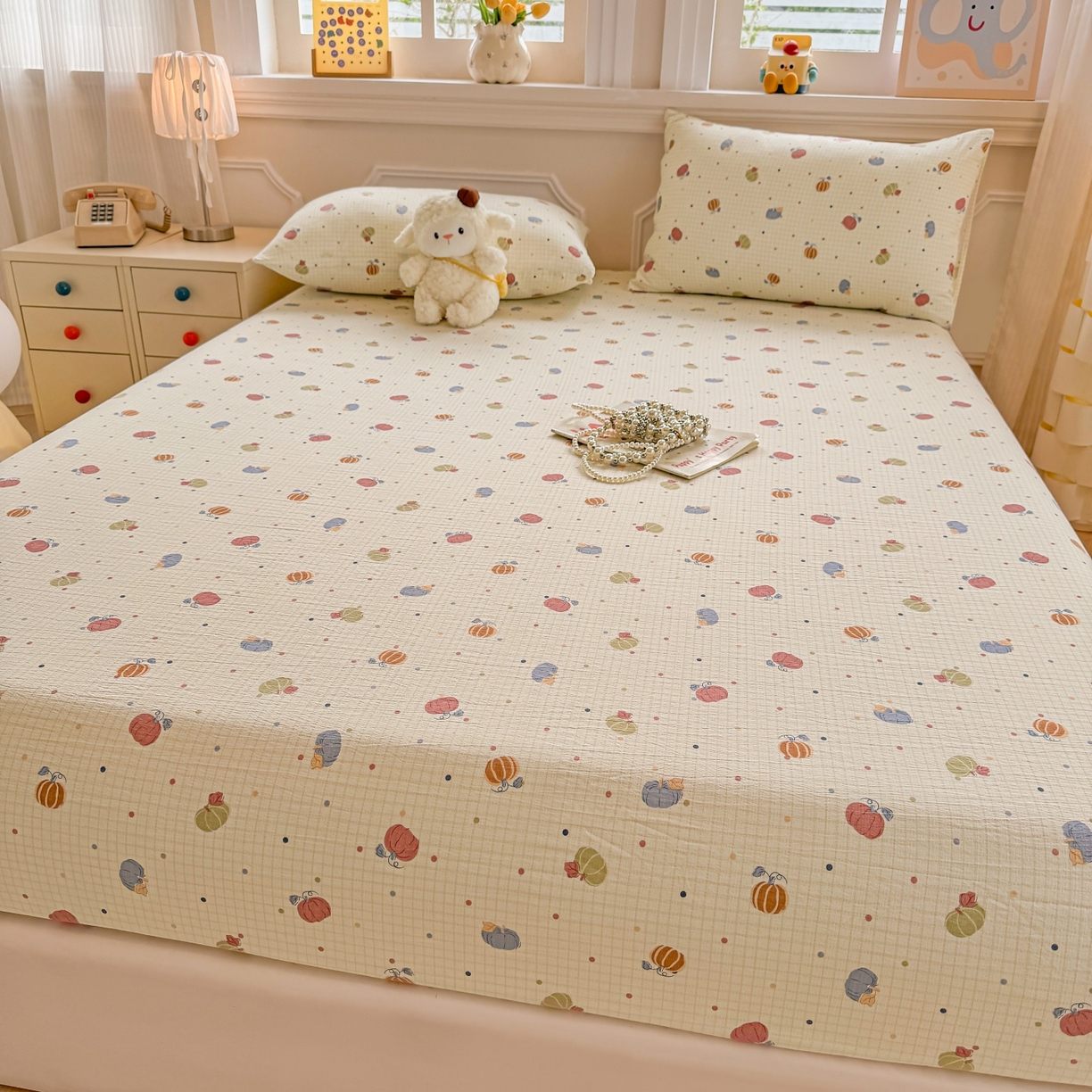 91家纺网 家纺一手货源 找家纺 汣沐生活 2025新款A类木棉双层纱印花床笠 南瓜田园记