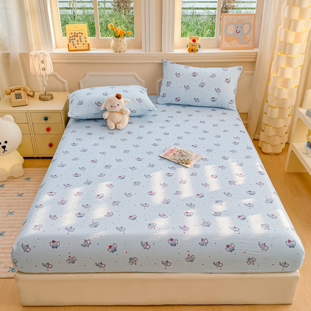 91家纺网 家纺一手货源 找家纺 汣沐生活 2025新款A类木棉双层纱印花床笠 蔚蓝梦象