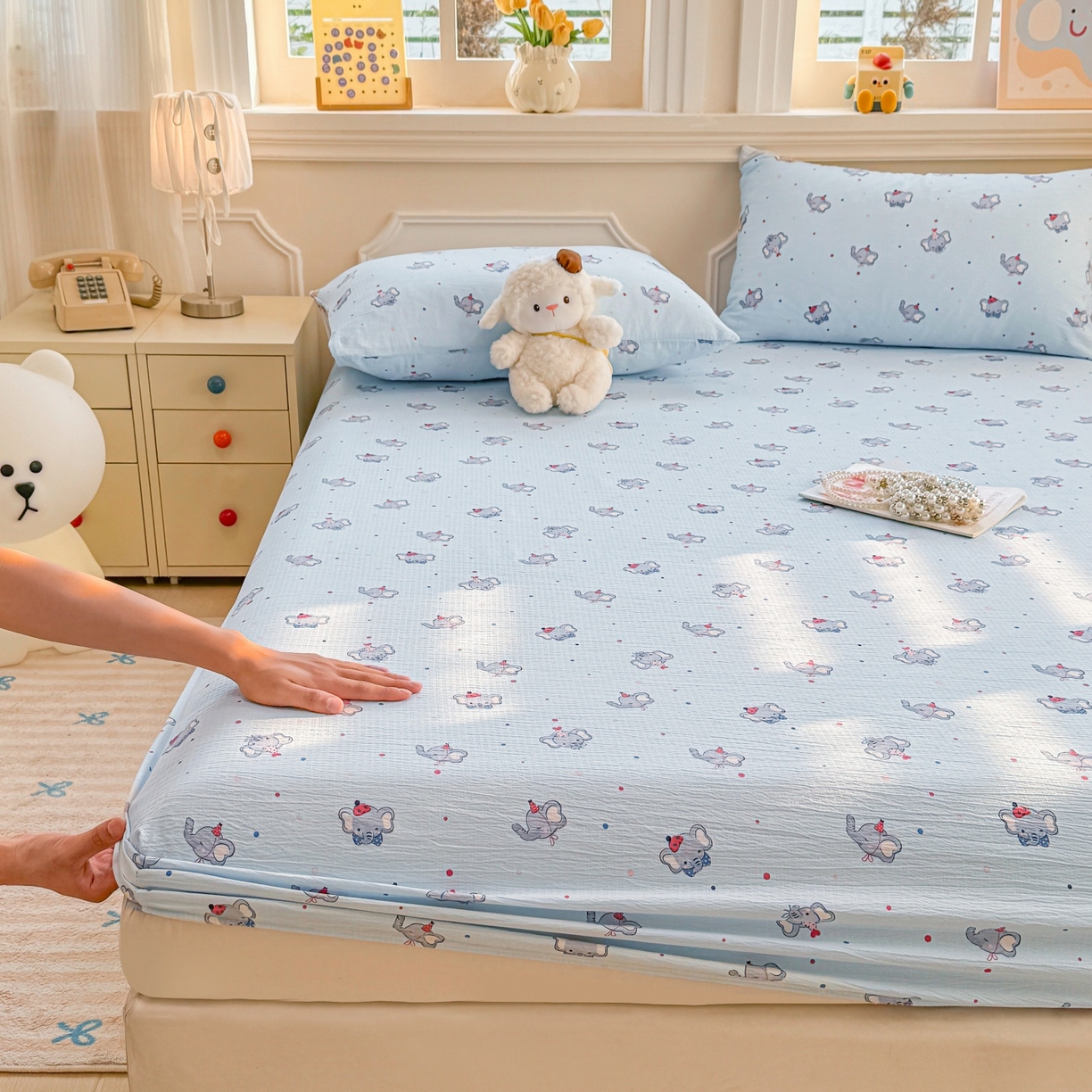 91家纺网 家纺一手货源 找家纺 汣沐生活 2025新款A类木棉双层纱印花床笠 蔚蓝梦象