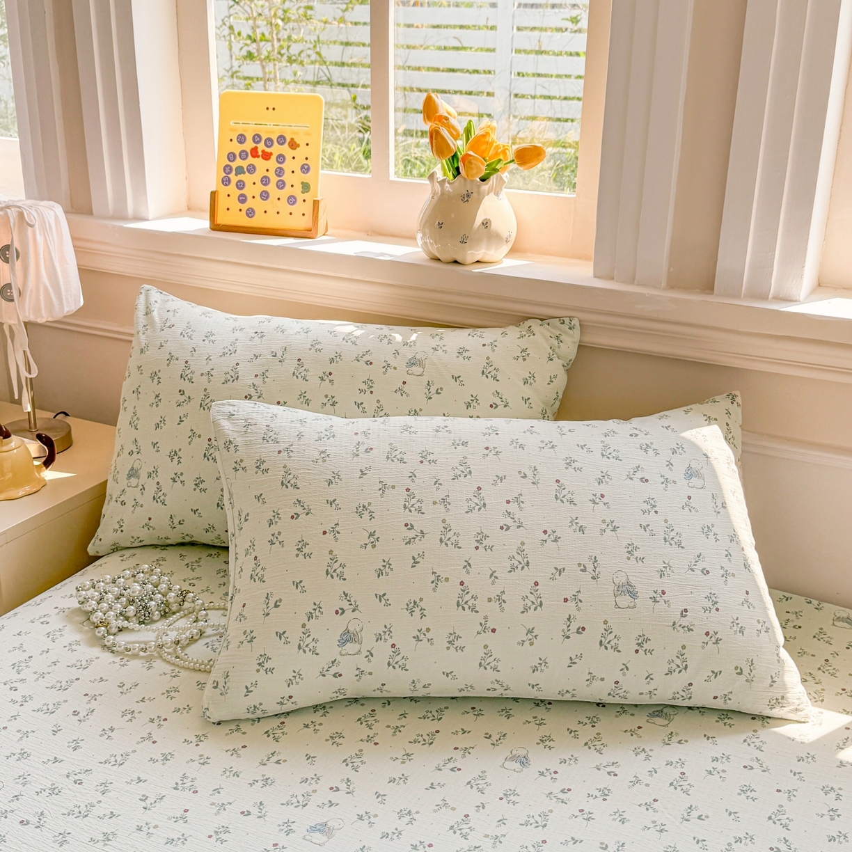 91家纺网 家纺一手货源 找家纺 汣沐生活 2025新款A类木棉双层纱印花床笠 森林萌兔