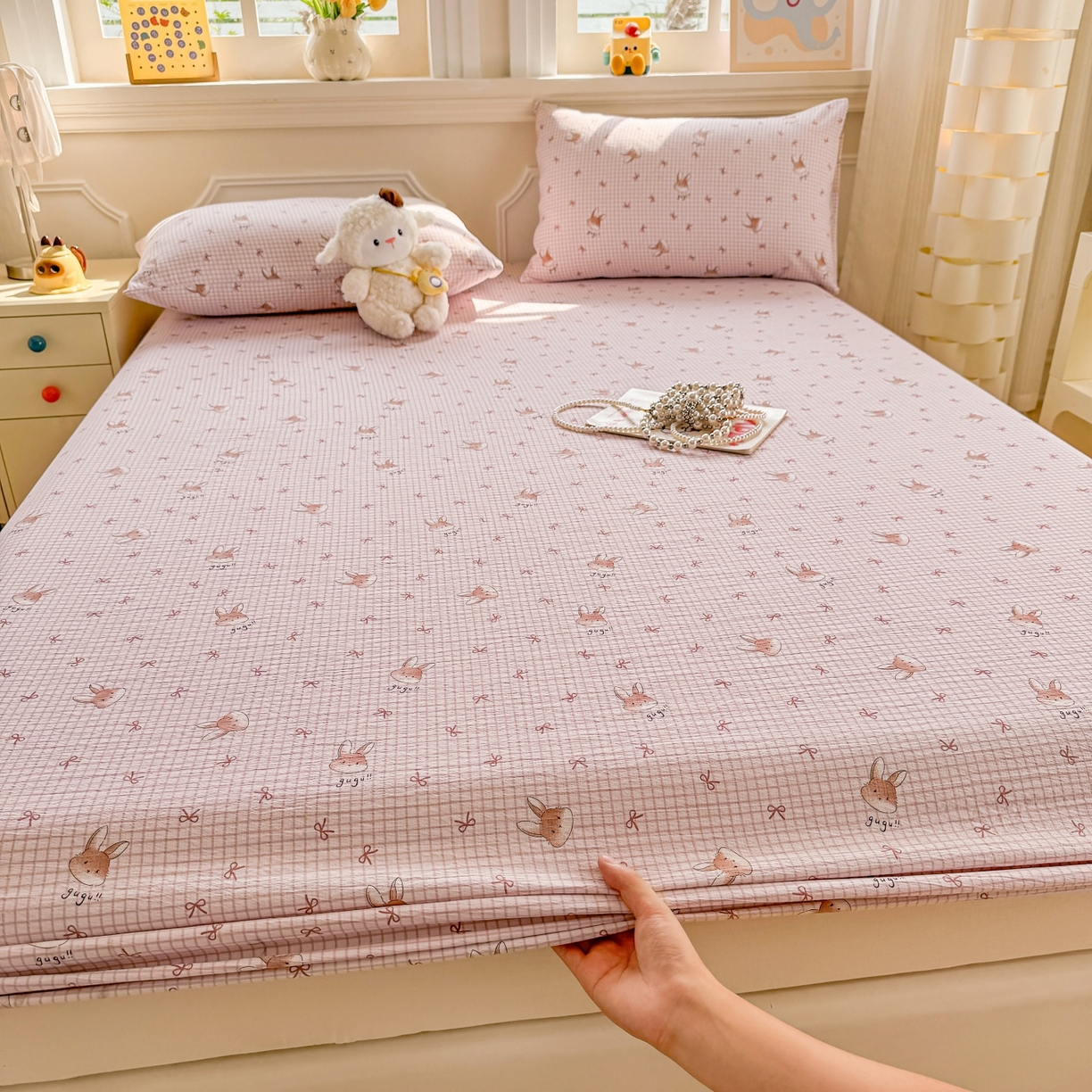 汣沐生活 2025新款A类木棉双层纱印花床笠 粉边萌兔