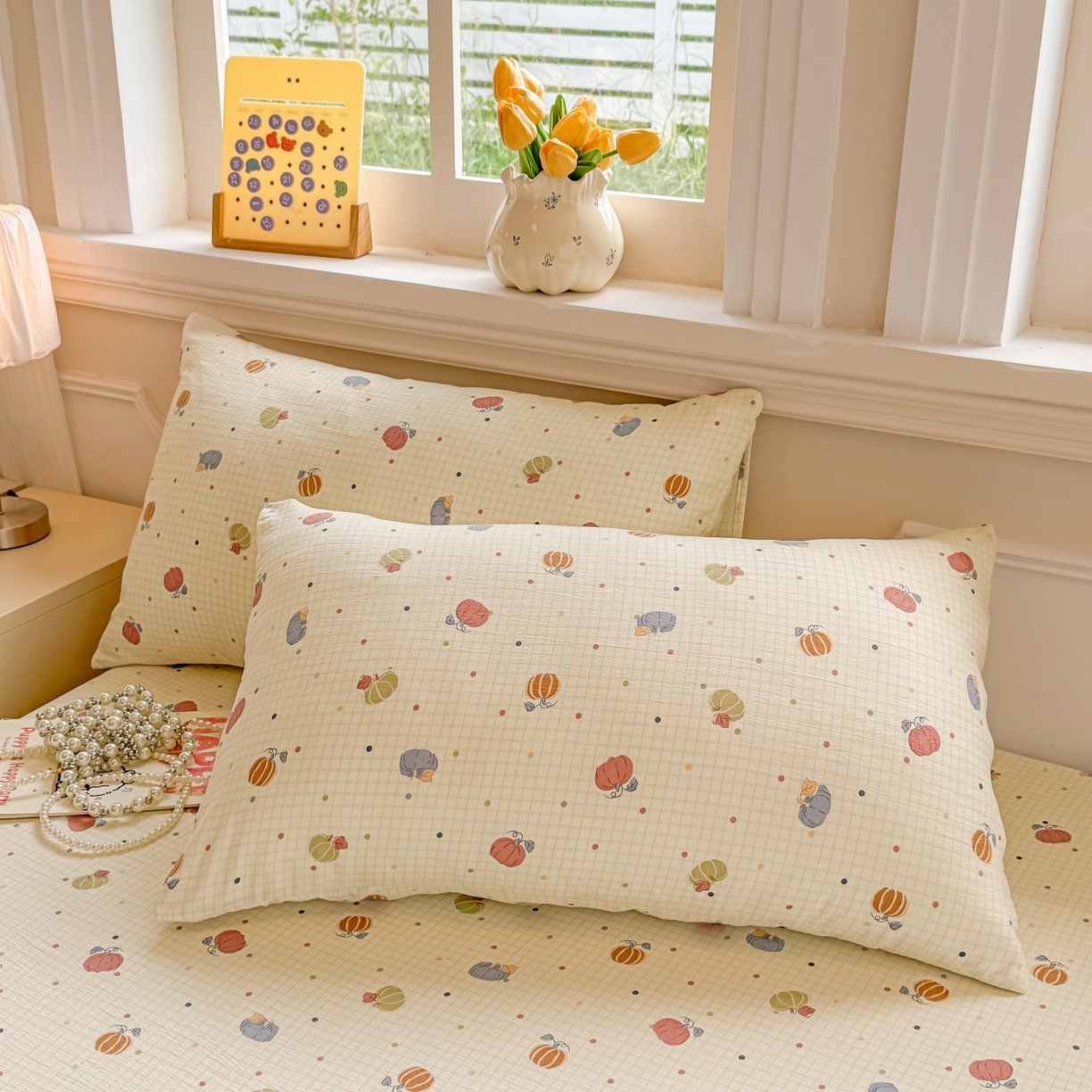 91家纺网 家纺一手货源 找家纺 汣沐生活 2025新款A类木棉双层纱印花床笠 南瓜田园记