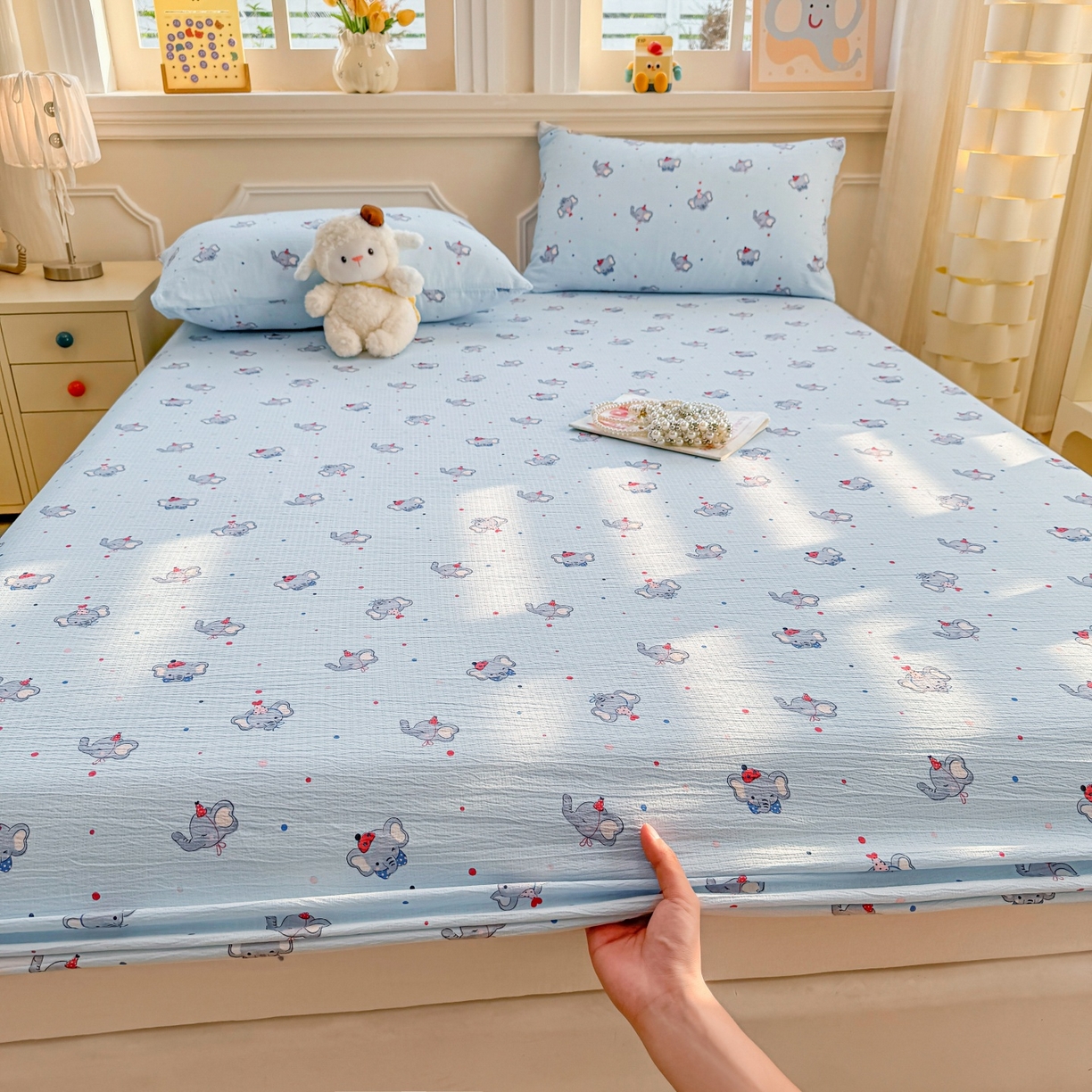 汣沐生活 2025新款A类木棉双层纱印花床笠 蔚蓝梦象