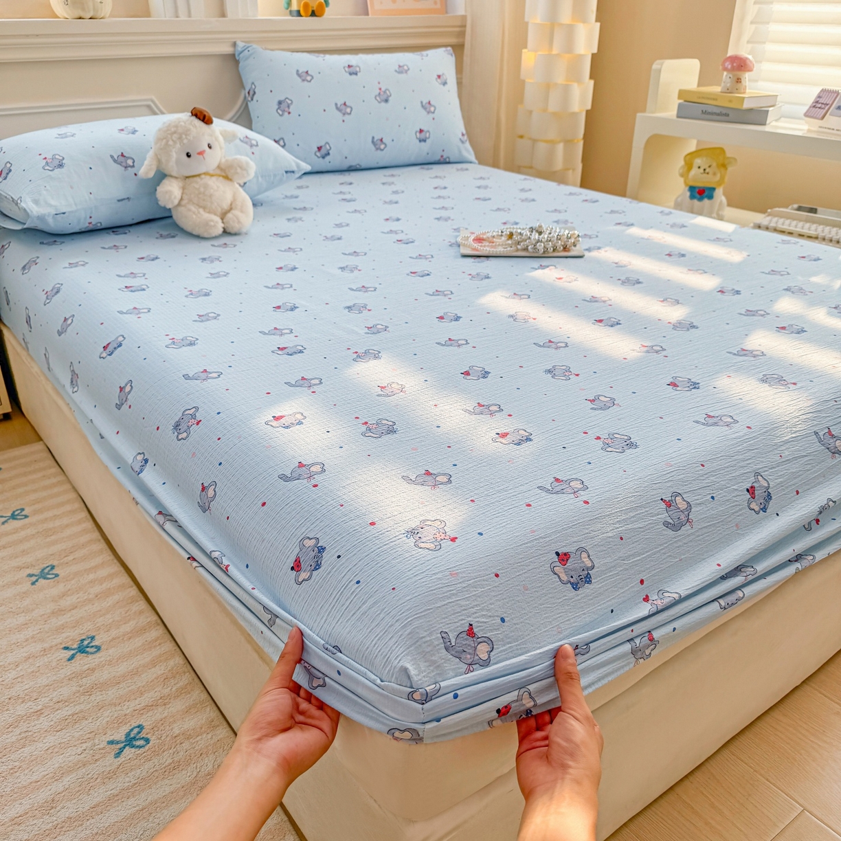 91家纺网 家纺一手货源 找家纺 汣沐生活 2025新款A类木棉双层纱印花床笠 蔚蓝梦象