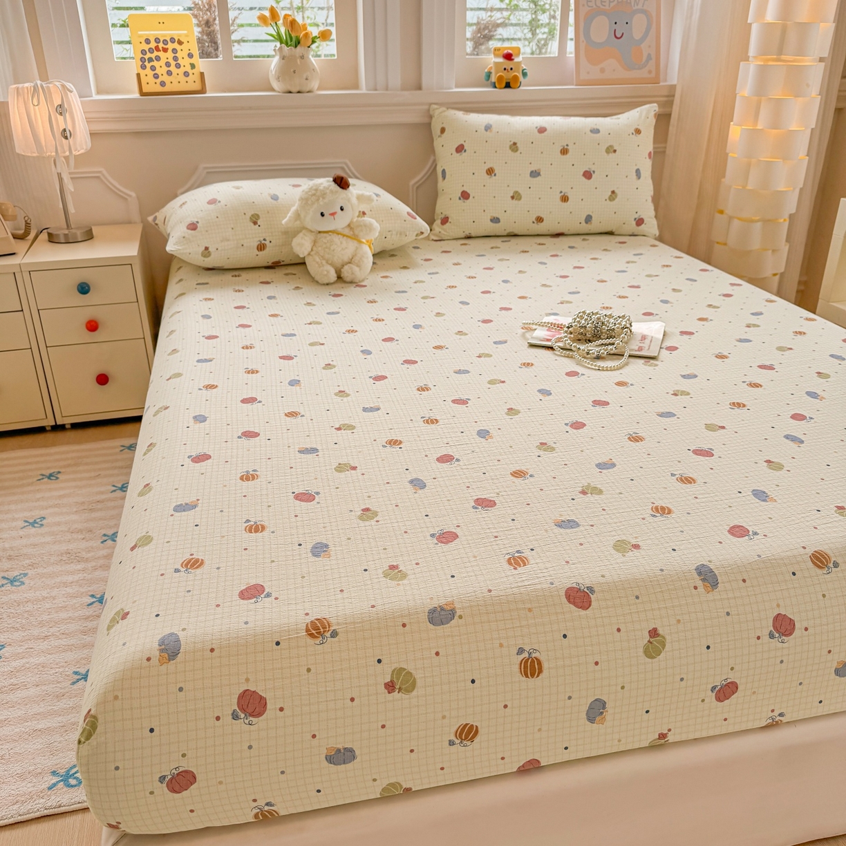 91家纺网 家纺一手货源 找家纺 汣沐生活 2025新款A类木棉双层纱印花床笠 南瓜田园记