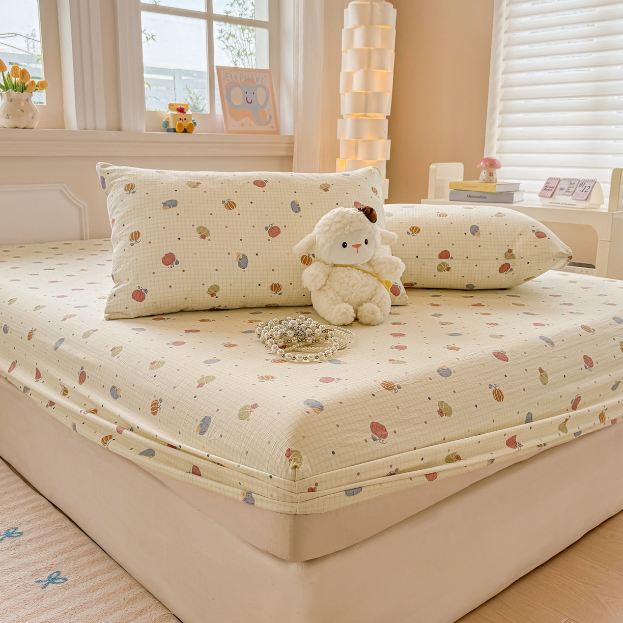 91家纺网 家纺一手货源 找家纺 汣沐生活 2025新款A类木棉双层纱印花床笠 南瓜田园记