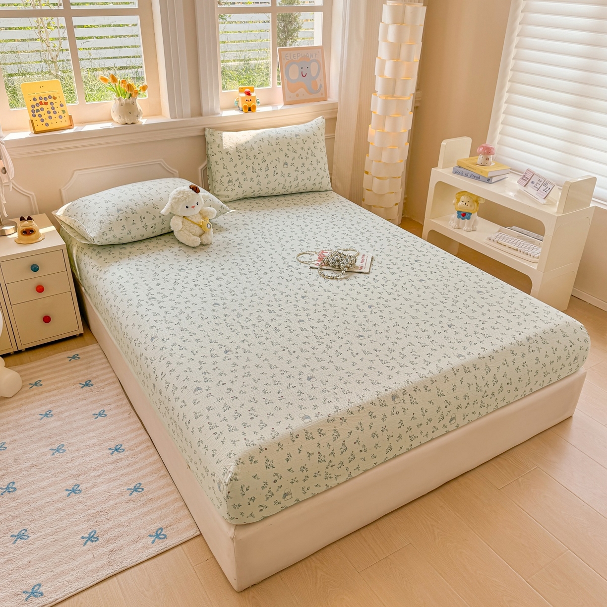 91家纺网 家纺一手货源 找家纺 汣沐生活 2025新款A类木棉双层纱印花床笠 森林萌兔