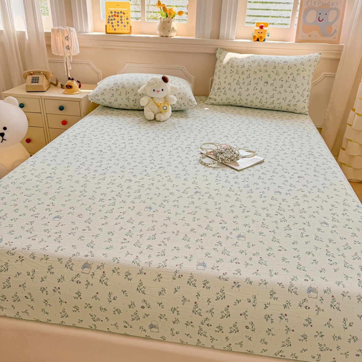 91家纺网 家纺一手货源 找家纺 汣沐生活 2025新款A类木棉双层纱印花床笠 森林萌兔