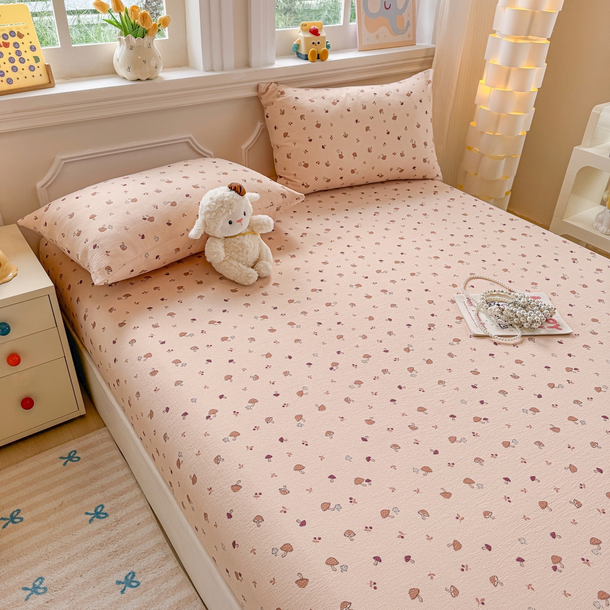 91家纺网 家纺一手货源 找家纺 汣沐生活 2025新款A类木棉双层纱印花床笠 焦糖奶蘑