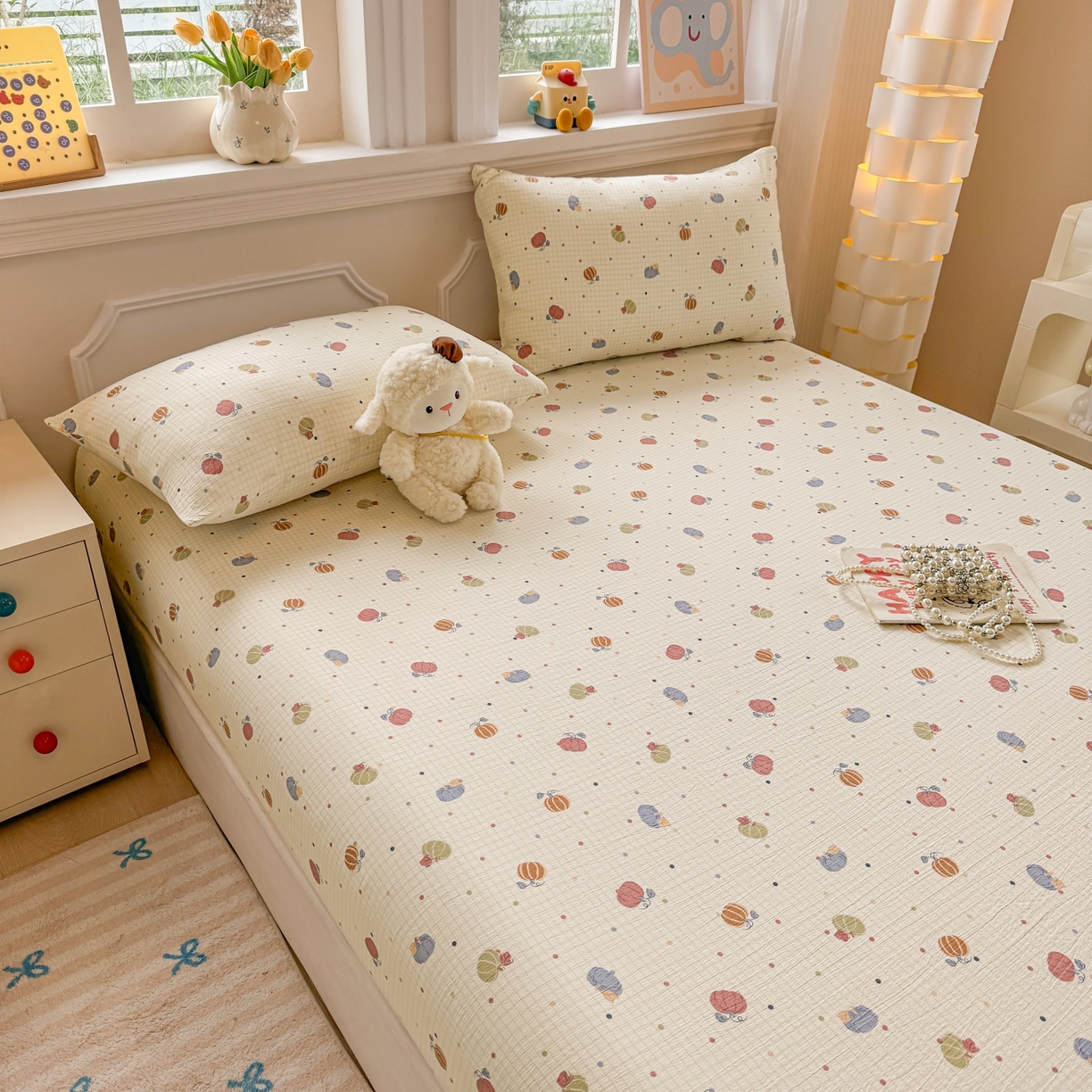 91家纺网 家纺一手货源 找家纺 汣沐生活 2025新款A类木棉双层纱印花床笠 南瓜田园记