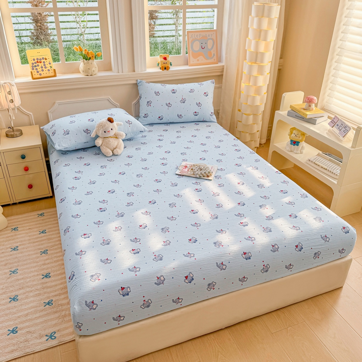 91家纺网 家纺一手货源 找家纺 汣沐生活 2025新款A类木棉双层纱印花床笠 蔚蓝梦象