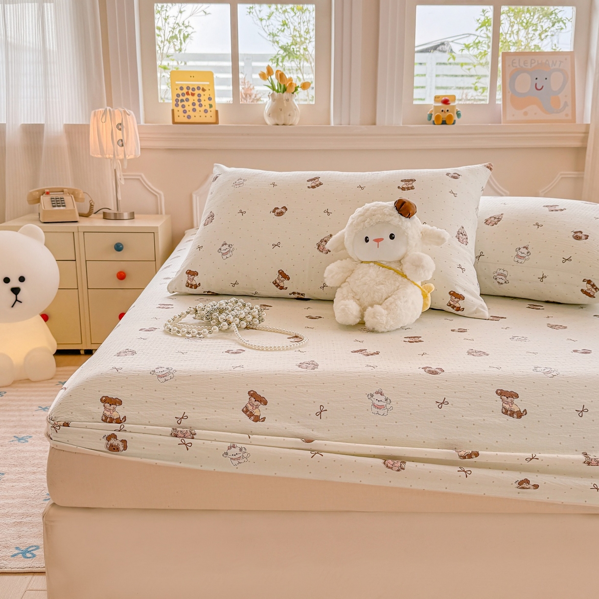 91家纺网 家纺一手货源 找家纺 汣沐生活 2025新款A类木棉双层纱印花床笠 香榭萌犬