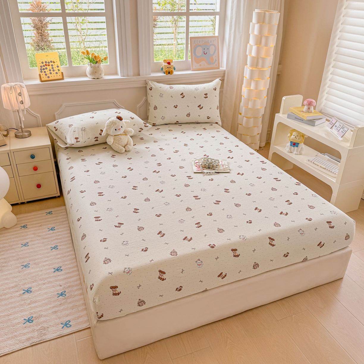 91家纺网 家纺一手货源 找家纺 汣沐生活 2025新款A类木棉双层纱印花床笠 香榭萌犬